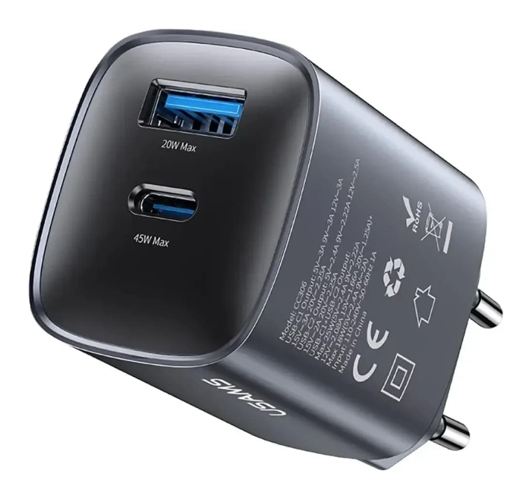 Адаптер питания сетевой Usams T66 45W GaN Dual-Port Fast Charger A+C / CC290TC01 (серый)