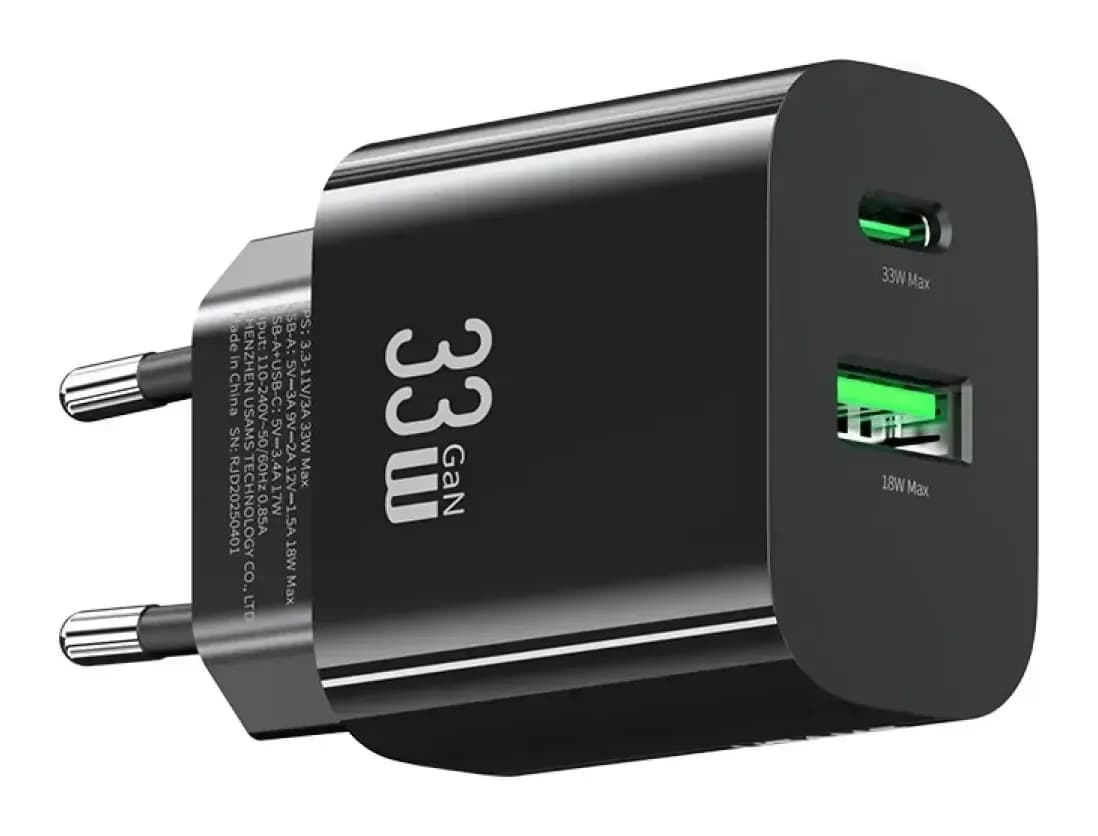 Адаптер питания сетевой Usams T65 33W A+C Dual-Port Fast Charger / CC317TC01 (черный)
