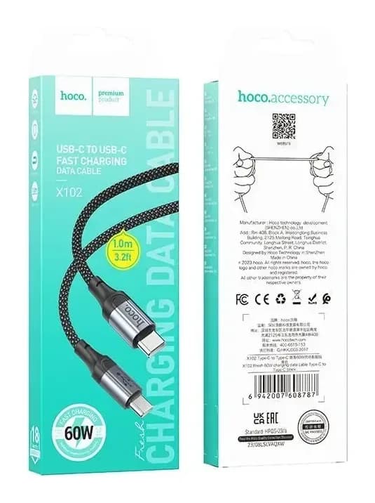 Зарядный кабель Hoco X102 Type-C to Type-C (1м, черный)