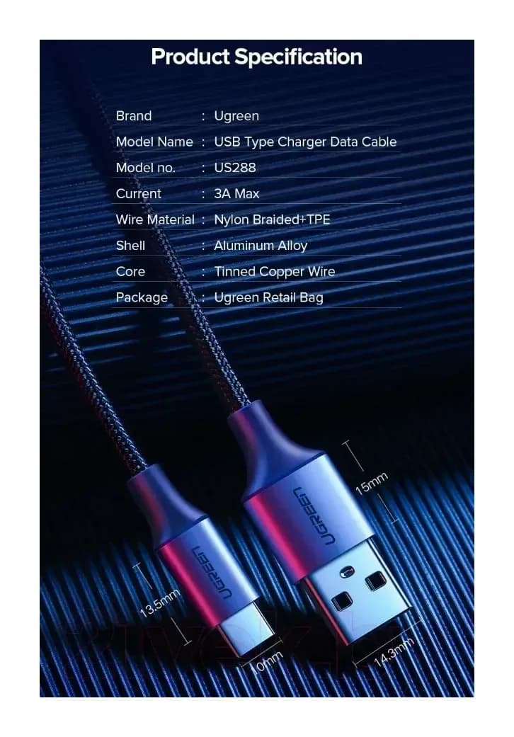 Зарядный кабель Ugreen US288 / 60126 (1м, черный)