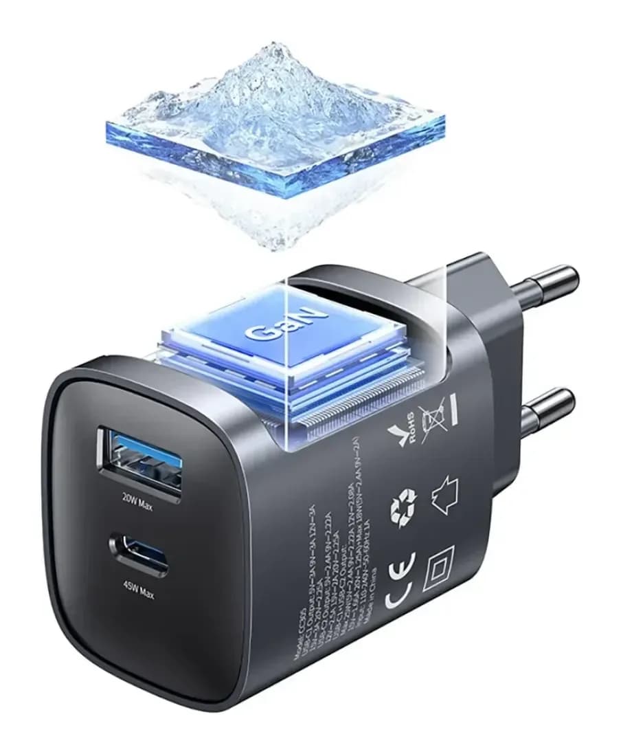 Адаптер питания сетевой Usams T66 45W GaN Dual-Port Fast Charger A+C / CC290TC01 (серый)