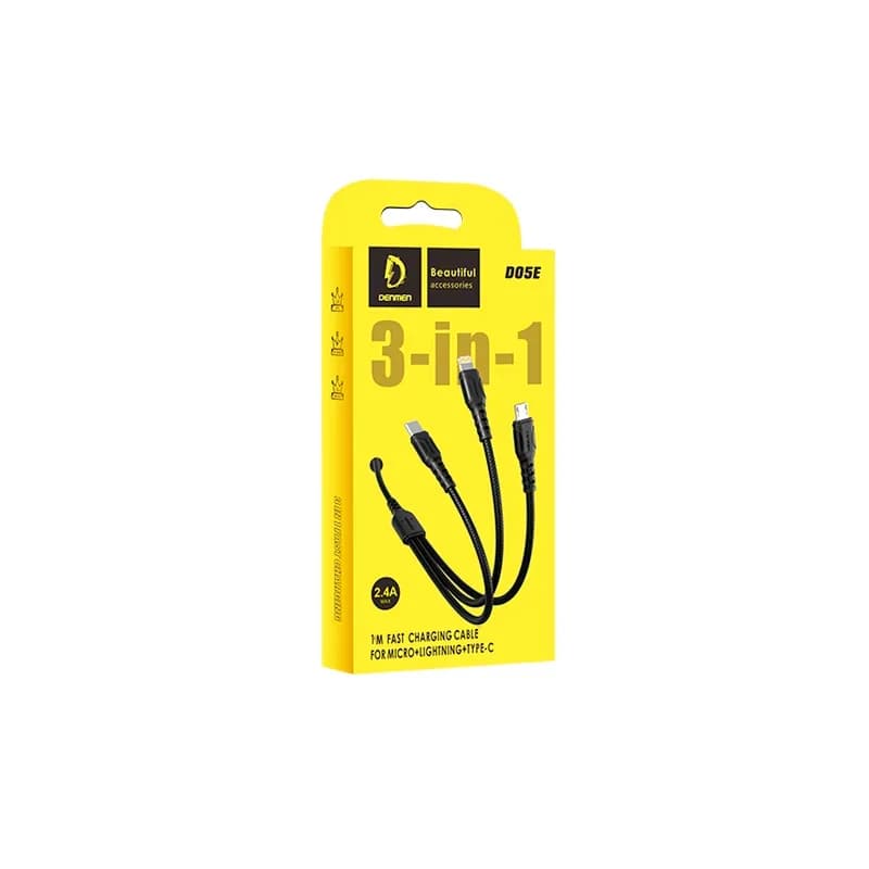 Зарядный кабель Denmen D05E 3в1 Lightning+Micro+Type-C (1м, черный)