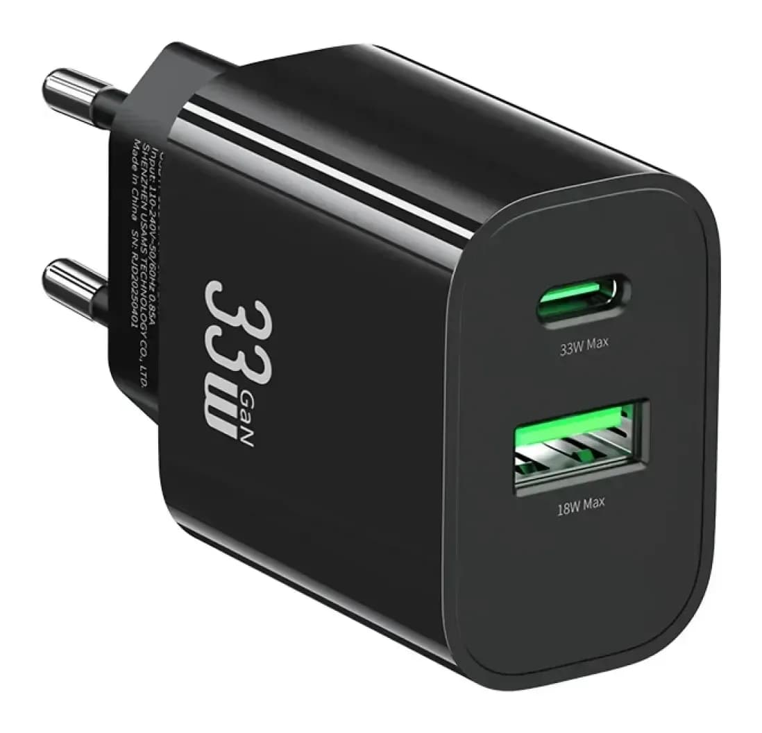 Адаптер питания сетевой Usams T65 33W A+C Dual-Port Fast Charger / CC317TC01 (черный)