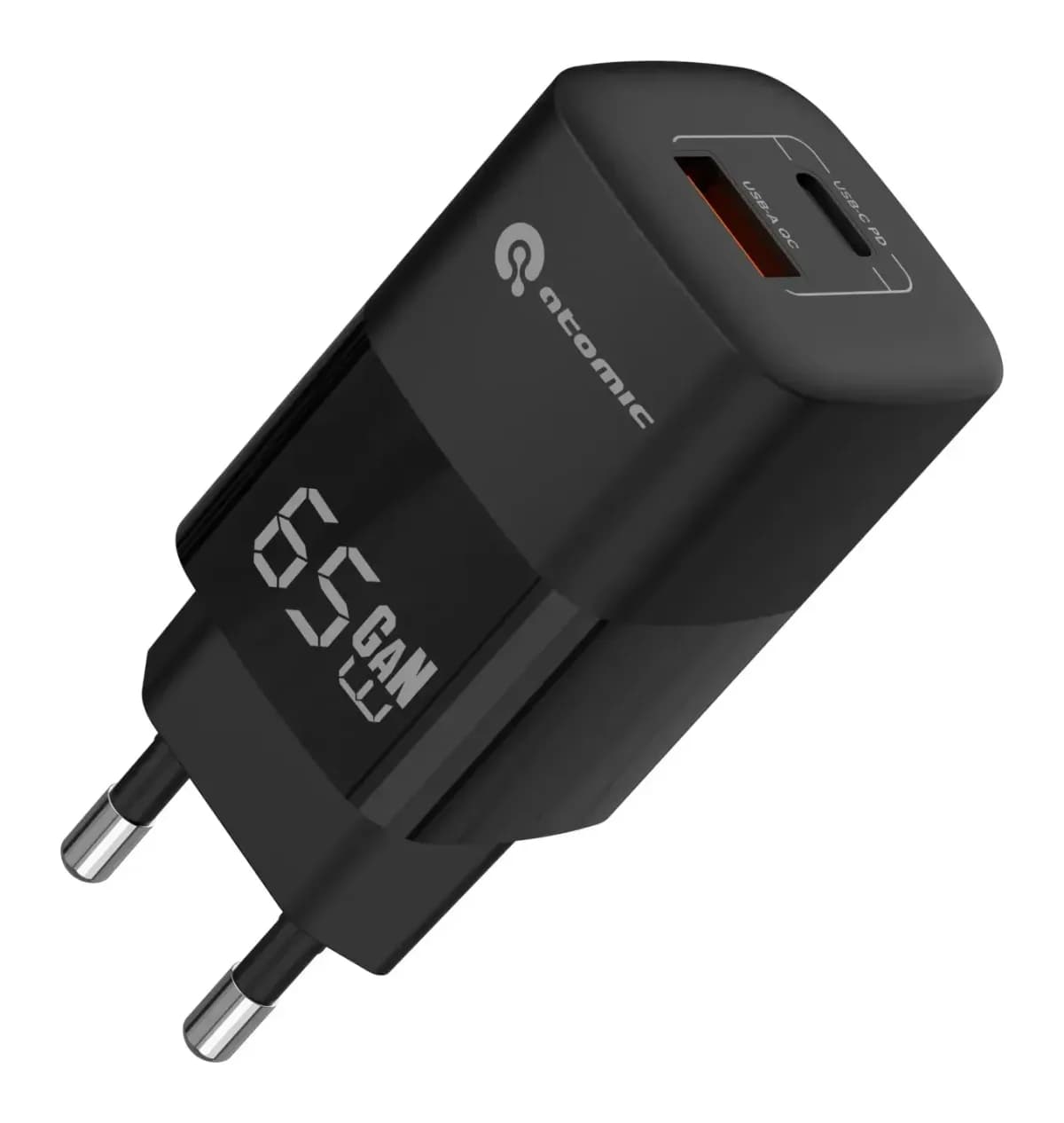 Зарядное устройство сетевое Atomic UniQ G651 GAN 65W USB A+C с кабелем USB С-С / 10.190 (черный)