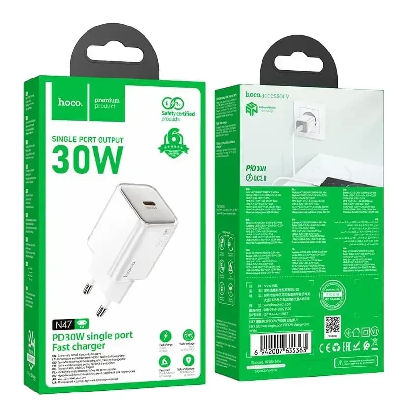 Адаптер питания сетевой Hoco N47 PD30W Type-C (белый)