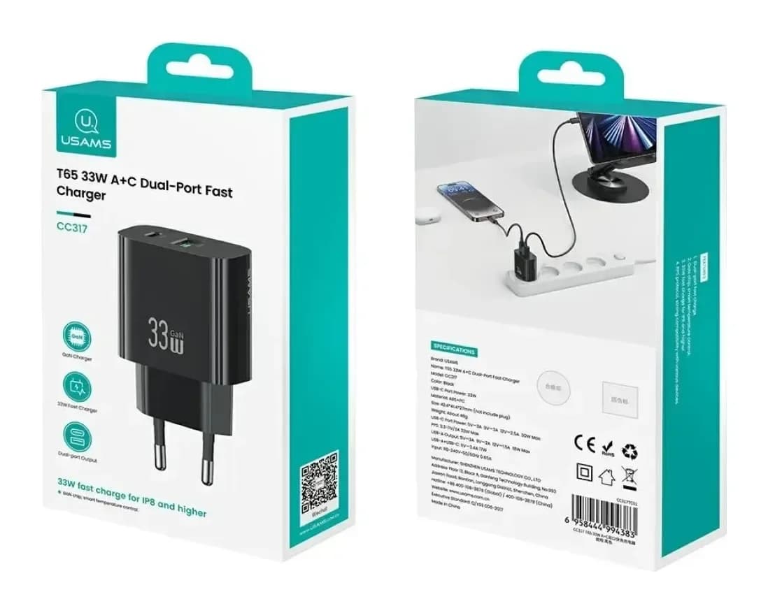Адаптер питания сетевой Usams T65 33W A+C Dual-Port Fast Charger / CC317TC01 (черный)