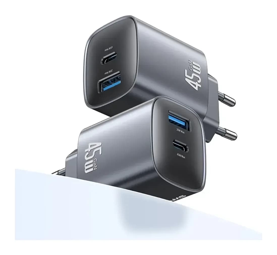 Адаптер питания сетевой Usams T66 45W GaN Dual-Port Fast Charger A+C / CC290TC01 (серый)