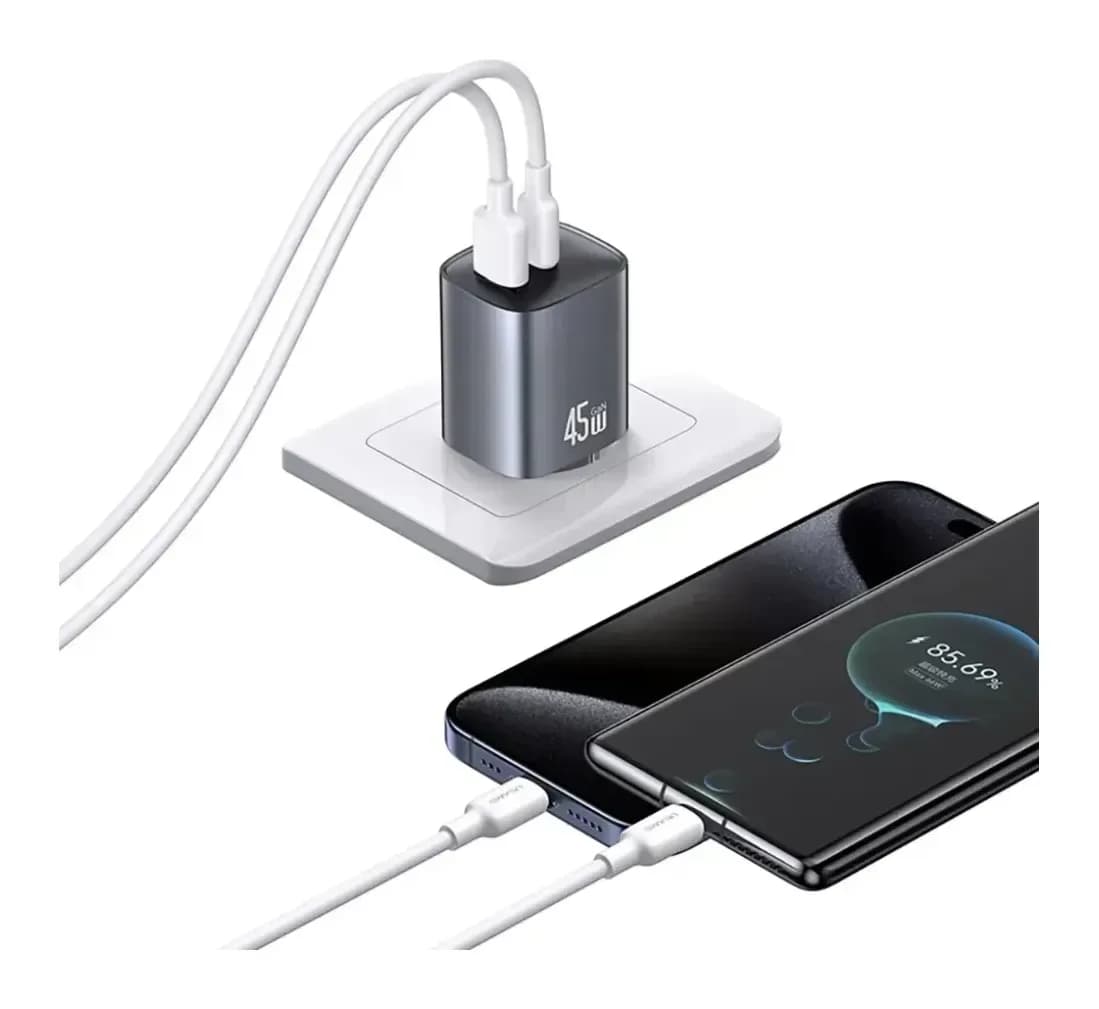 Адаптер питания сетевой Usams T66 45W GaN Dual-Port Fast Charger A+C / CC290TC01 (серый)