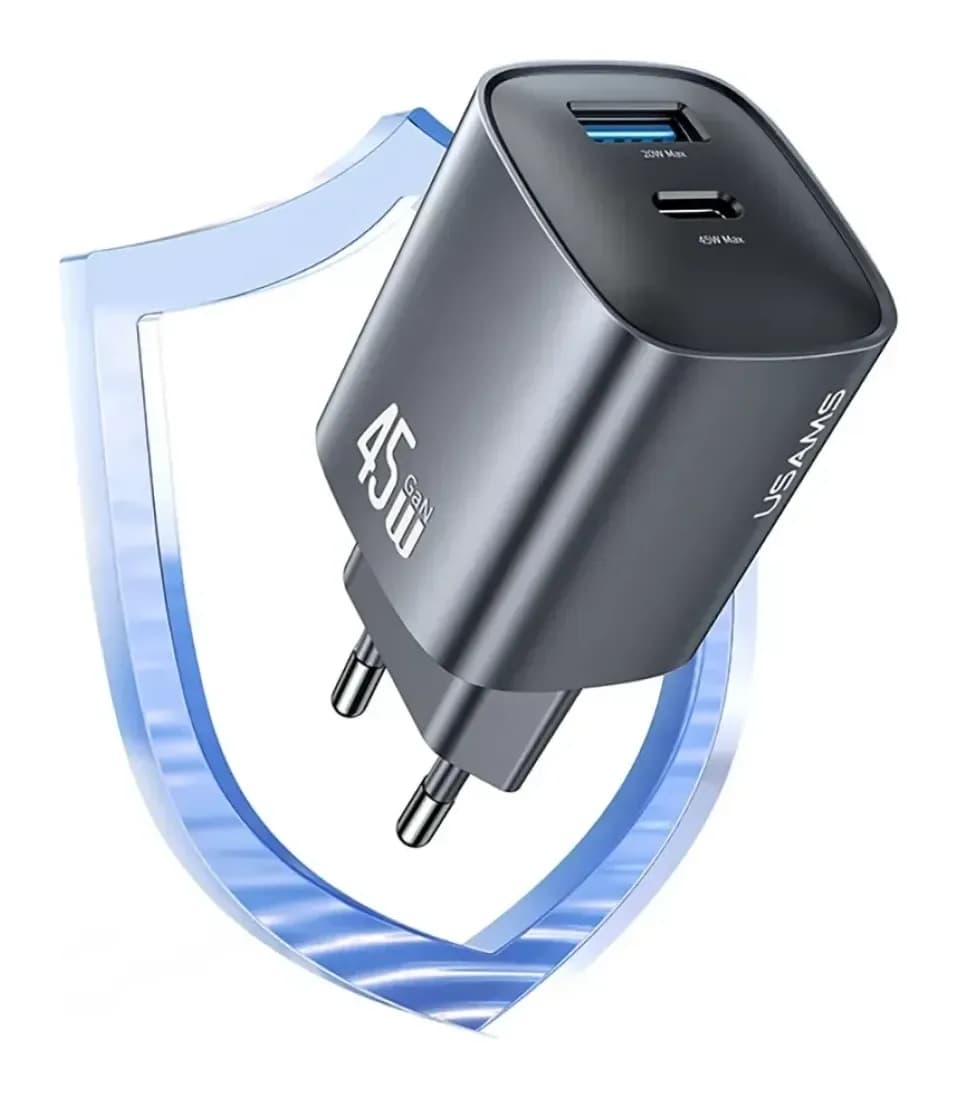 Адаптер питания сетевой Usams T66 45W GaN Dual-Port Fast Charger A+C / CC290TC01 (серый)