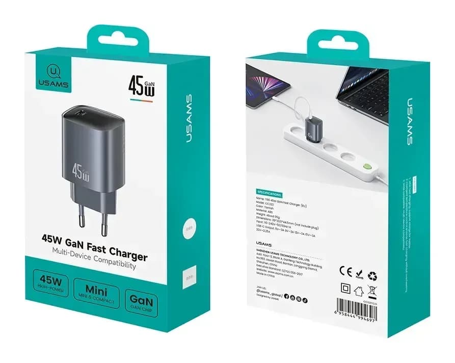 Адаптер питания сетевой Usams 45W GaN Fast Charger / CC323TC01 (серый)
